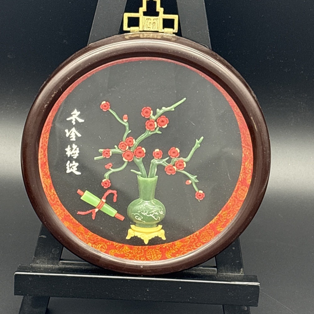 Vintage Chinese 3D Shadowbox Wall Plaque Winter Plum Blossoms Faux Jade & Coral